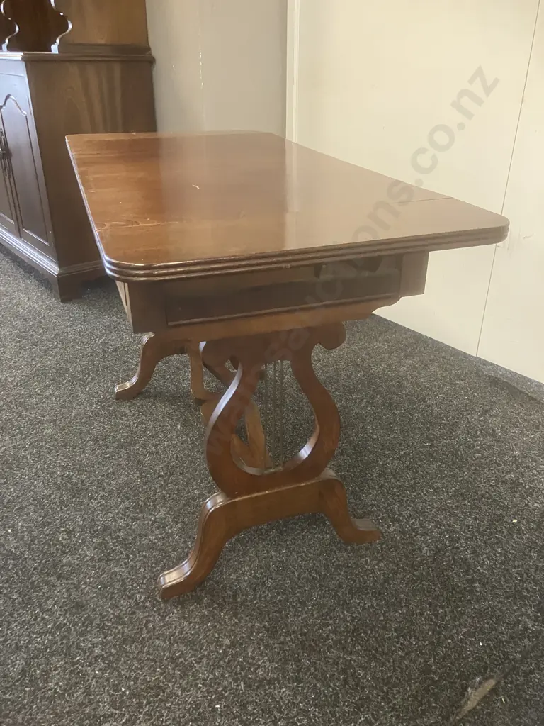 Mahogany Regency Style Drop Leaf Side Table, Lyre-Shaped End Supports, 2 Drawers. H61 W77/101 D45.5cm Image 1++