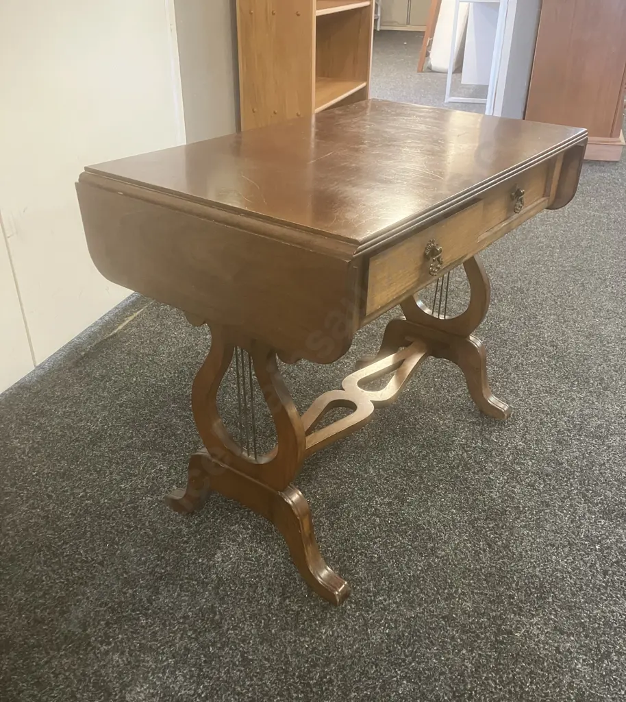 Mahogany Regency Style Drop Leaf Side Table, Lyre-Shaped End Supports, 2 Drawers. H61 W77/101 D45.5cm Image 1++