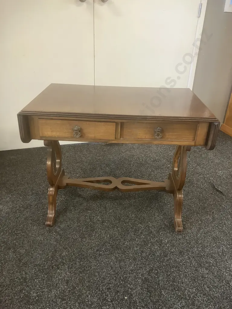 Mahogany Regency Style Drop Leaf Side Table, Lyre-Shaped End Supports, 2 Drawers. H61 W77/101 D45.5cm Image 1++