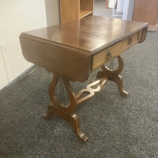 Mahogany Regency Style Drop Leaf Side Table, Lyre-Shaped End Supports, 2 Drawers. H61 W77/101 D45.5cm