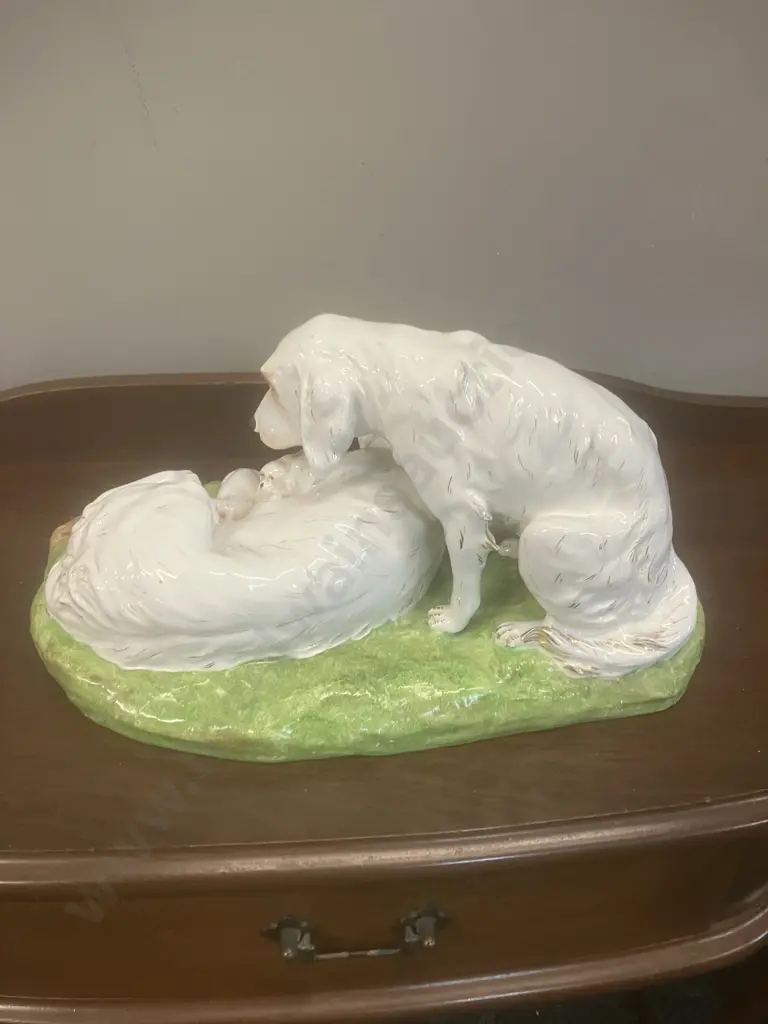 Vintage Ceramic Setters With Puppies Figurine. H20 W40 D25cm Image 1++