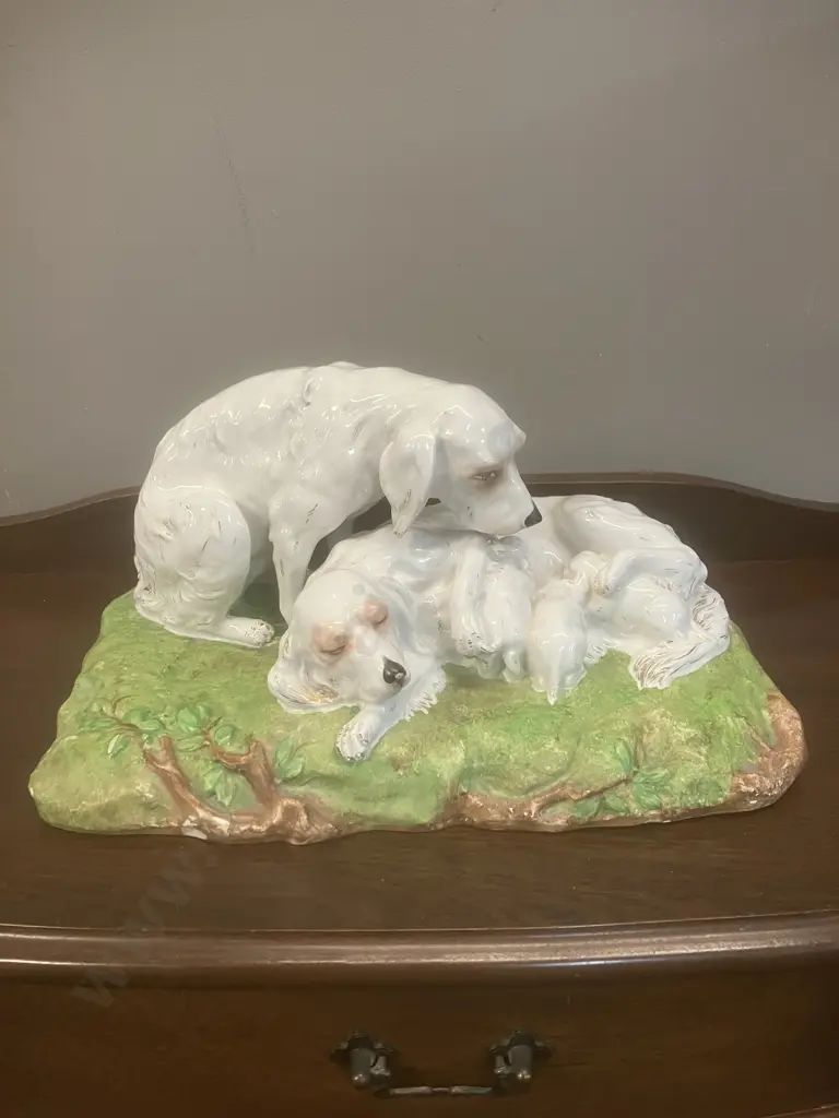 Vintage Ceramic Setters With Puppies Figurine. H20 W40 D25cm Image 1++