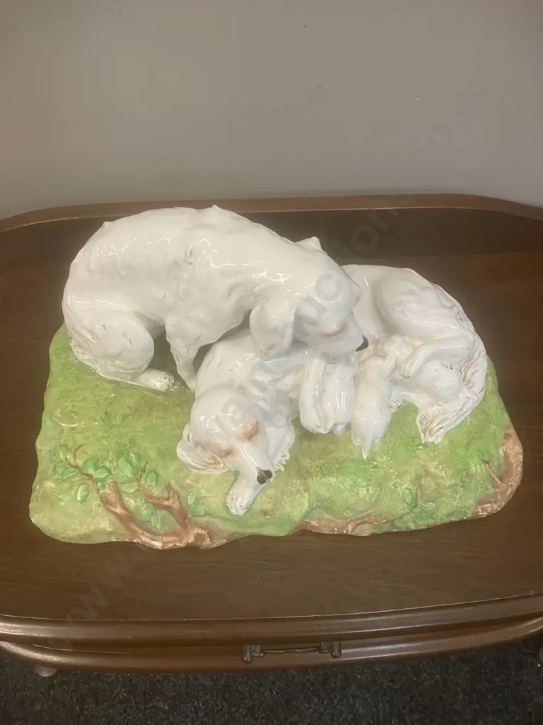 Vintage Ceramic Setters With Puppies Figurine. H20 W40 D25cm Image 1++