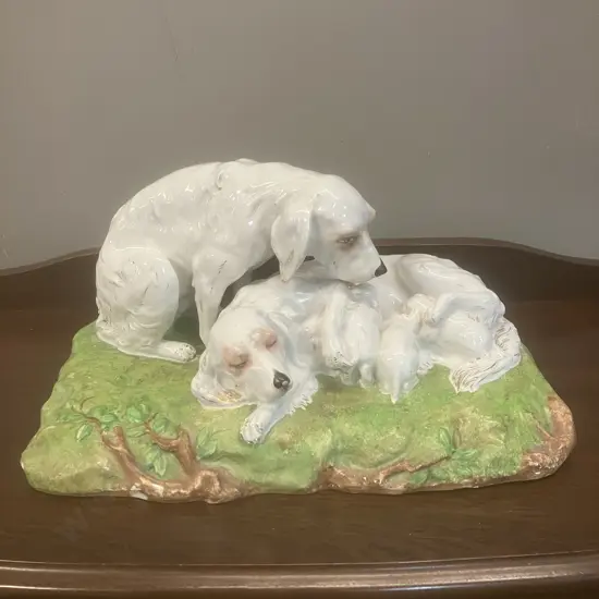 Vintage Ceramic Setters With Puppies Figurine. H20 W40 D25cm
