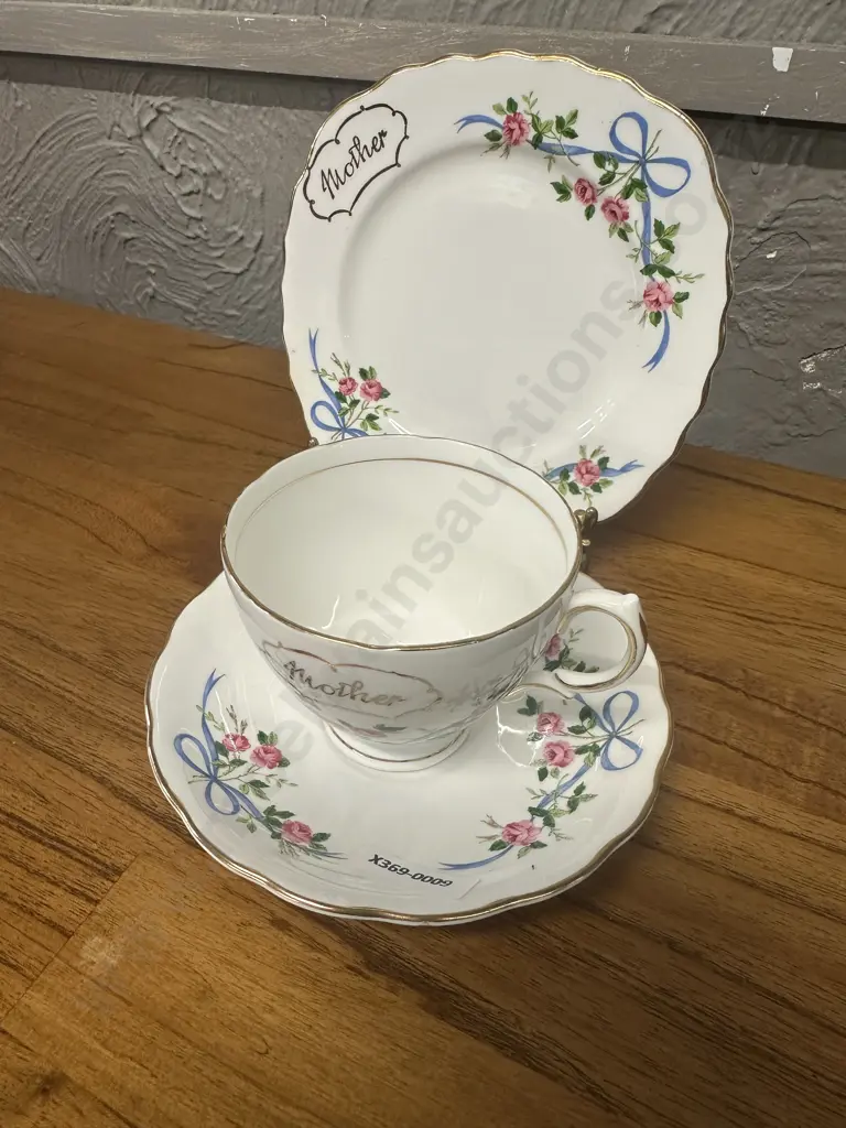 Mayfair "Mother"  Footed Teacup, Saucer & Plate -  Fine Bone China, Made in England Image 1++