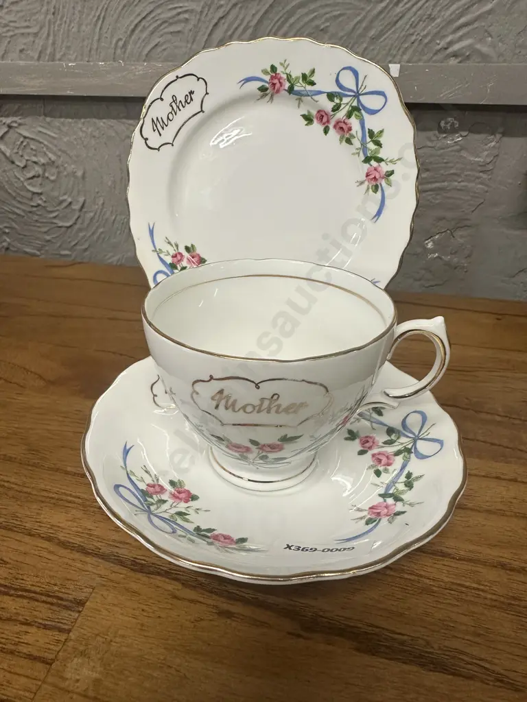 Mayfair "Mother"  Footed Teacup, Saucer & Plate -  Fine Bone China, Made in England Image 1++