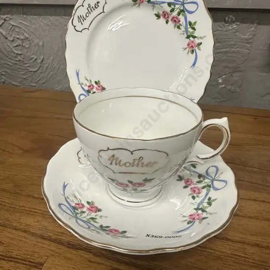 Mayfair "Mother"  Footed Teacup, Saucer & Plate -  Fine Bone China, Made in England