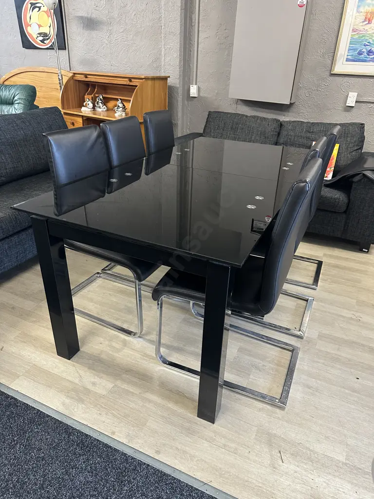 Black Glass Table With 6 Black Leather? Cantilever Base Dining Chairs Image 1++