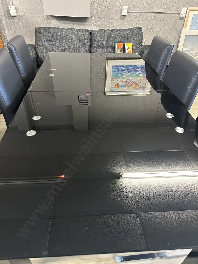 Black Glass Table With 6 Black Leather? Cantilever Base Dining Chairs Image 1++