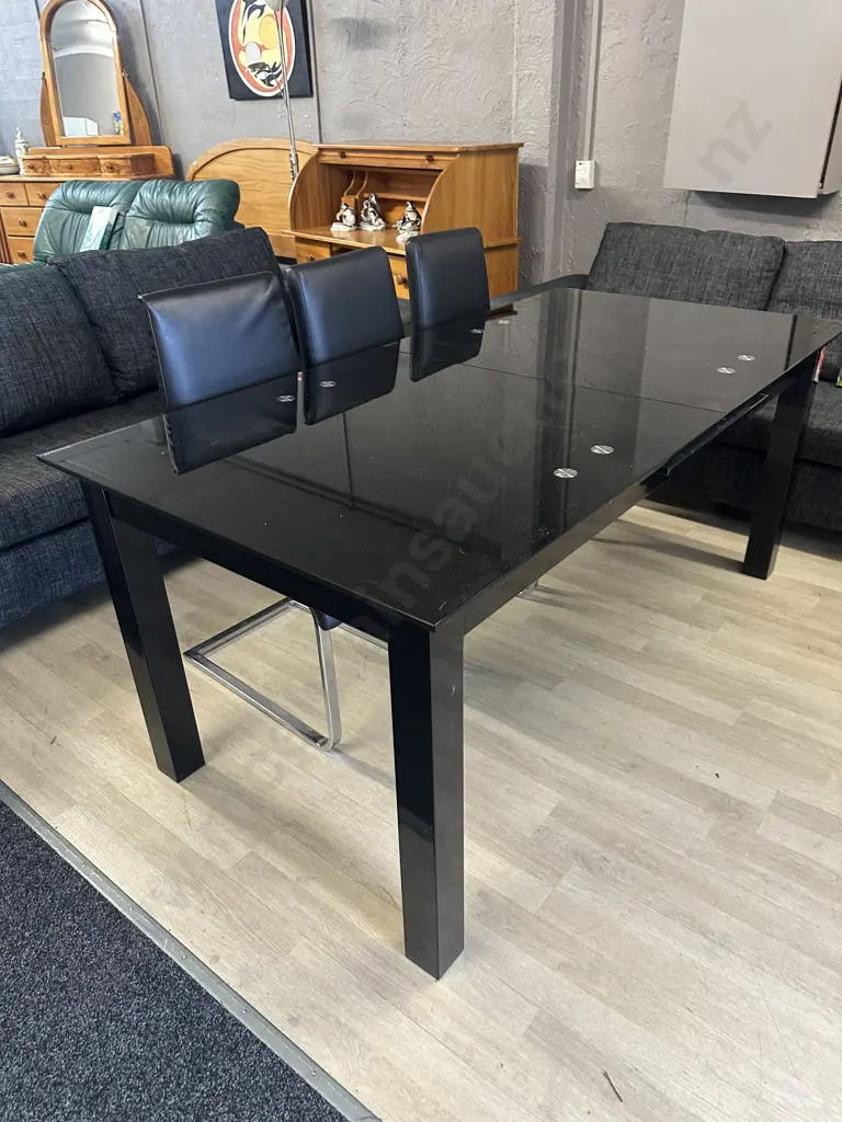 Black Glass Table With 6 Black Leather? Cantilever Base Dining Chairs Image 1++