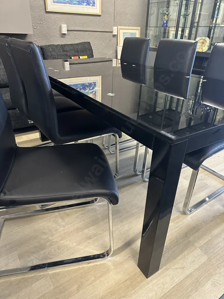 Black Glass Table With 6 Black Leather? Cantilever Base Dining Chairs Image 1++