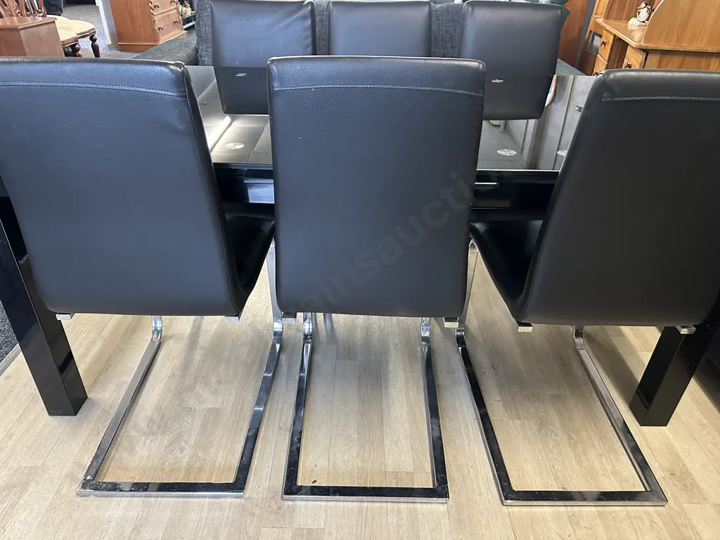 Black Glass Table With 6 Black Leather? Cantilever Base Dining Chairs Image 1++