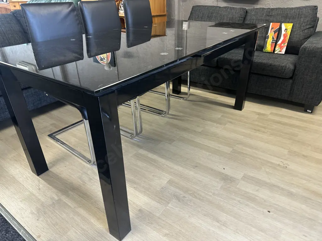 Black Glass Table With 6 Black Leather? Cantilever Base Dining Chairs Image 1++