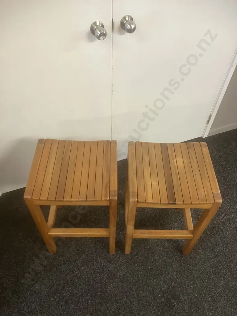 Pair of Rimu Kitchen Stools With a Curved Slatted Seat. H65cm Image 1++