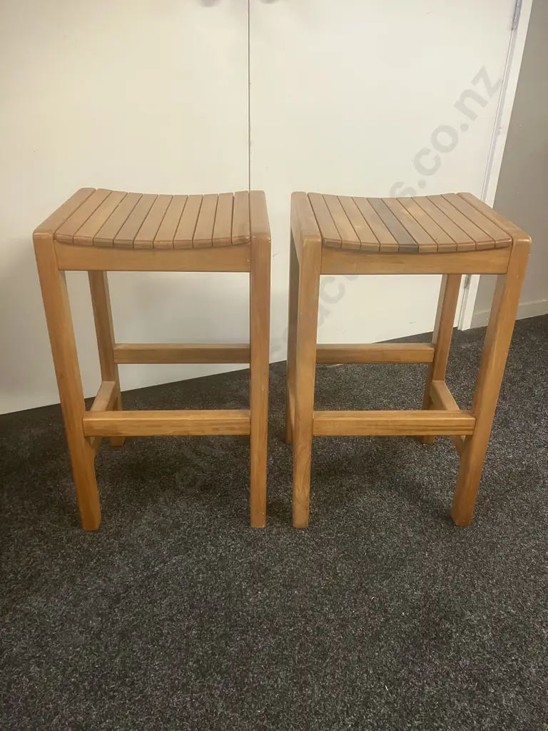 Pair of Rimu Kitchen Stools With a Curved Slatted Seat. H65cm Image 1++