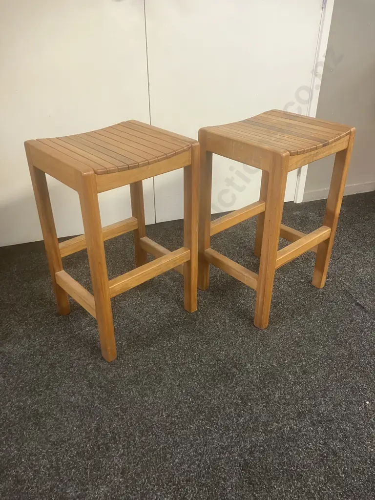 Pair of Rimu Kitchen Stools With a Curved Slatted Seat. H65cm Image 1++