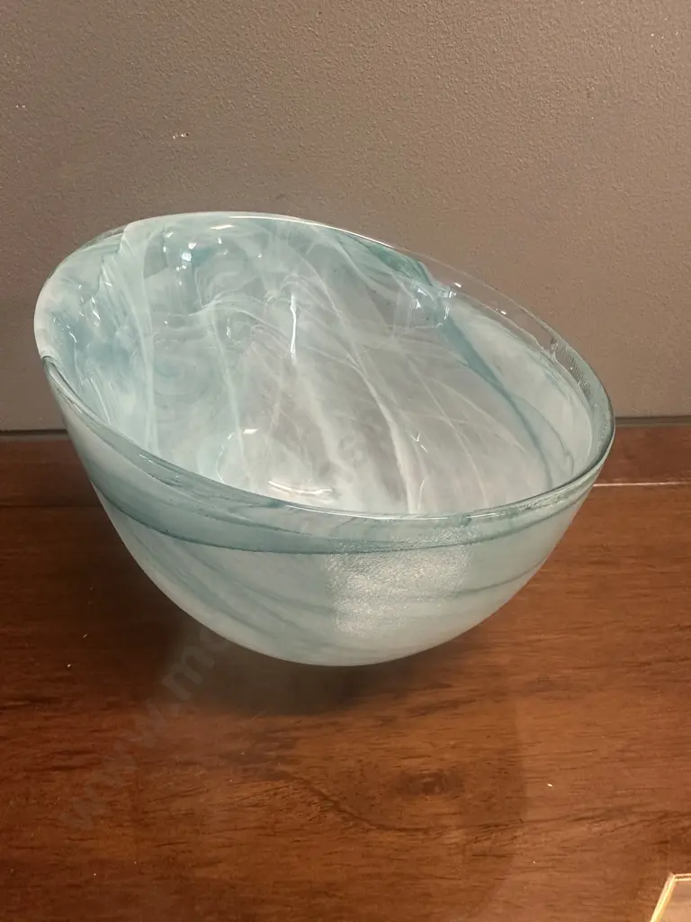 Aqua Blue & White Marbled Alabaster Glass Decorative Bowl H12cm. Image 1++