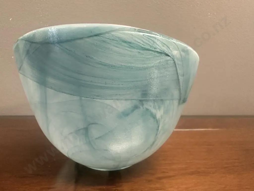 Aqua Blue & White Marbled Alabaster Glass Decorative Bowl H12cm. Image 1++
