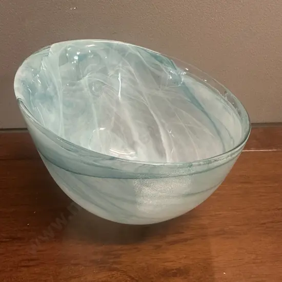 Aqua Blue & White Marbled Alabaster Glass Decorative Bowl H12cm.