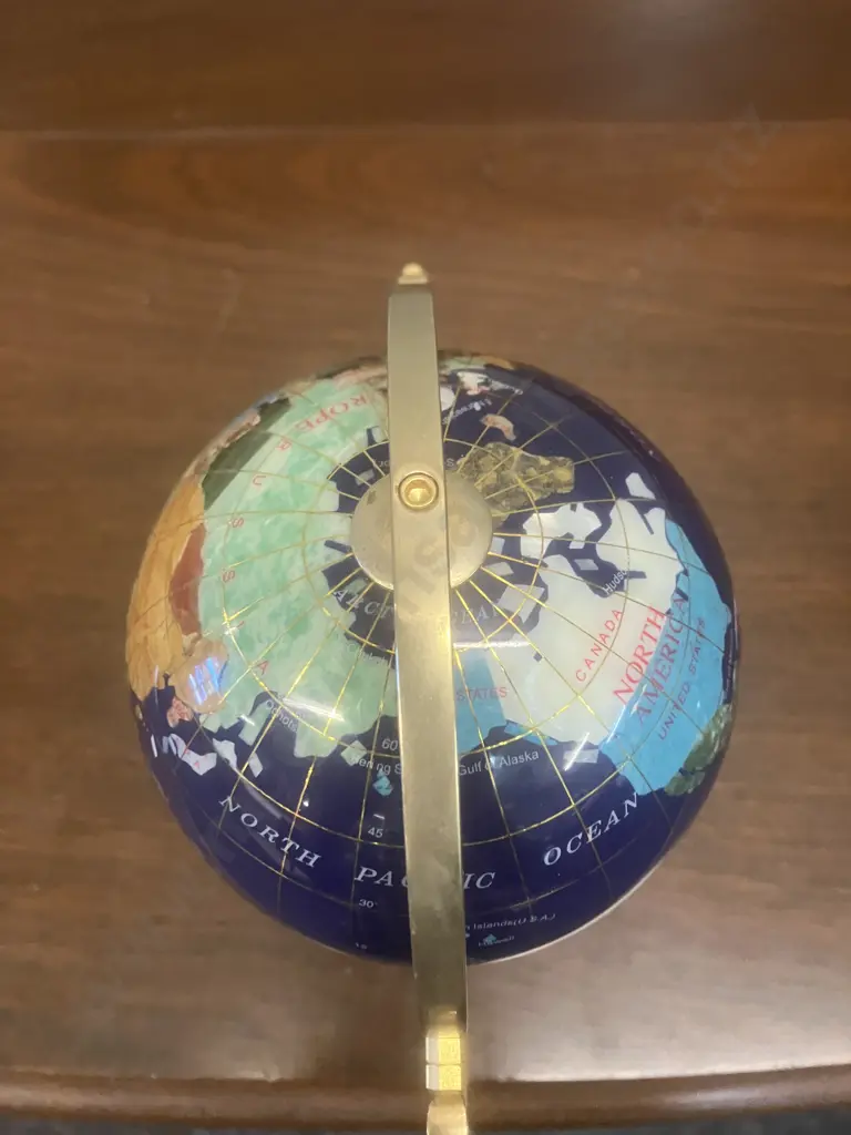 Vintage Tabletop Lapis Lazuli Gemstone World Globe, Semi Precious Stones, Brass Axis Rotating Image 1++