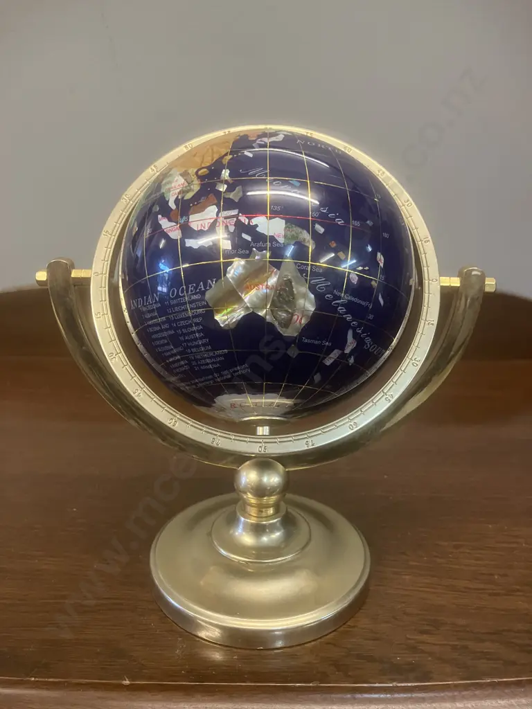 Vintage Tabletop Lapis Lazuli Gemstone World Globe, Semi Precious Stones, Brass Axis Rotating Image 1++