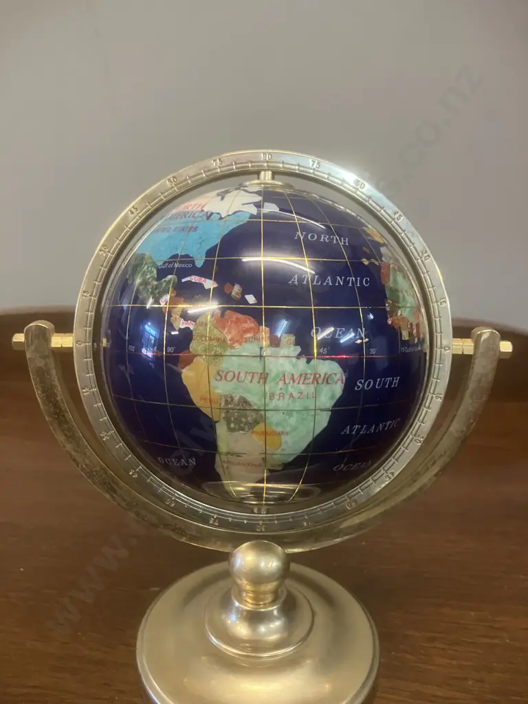 Vintage Tabletop Lapis Lazuli Gemstone World Globe, Semi Precious Stones, Brass Axis Rotating Image 1++