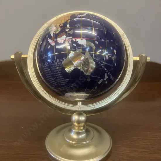 Vintage Tabletop Lapis Lazuli Gemstone World Globe, Semi Precious Stones, Brass Axis Rotating
