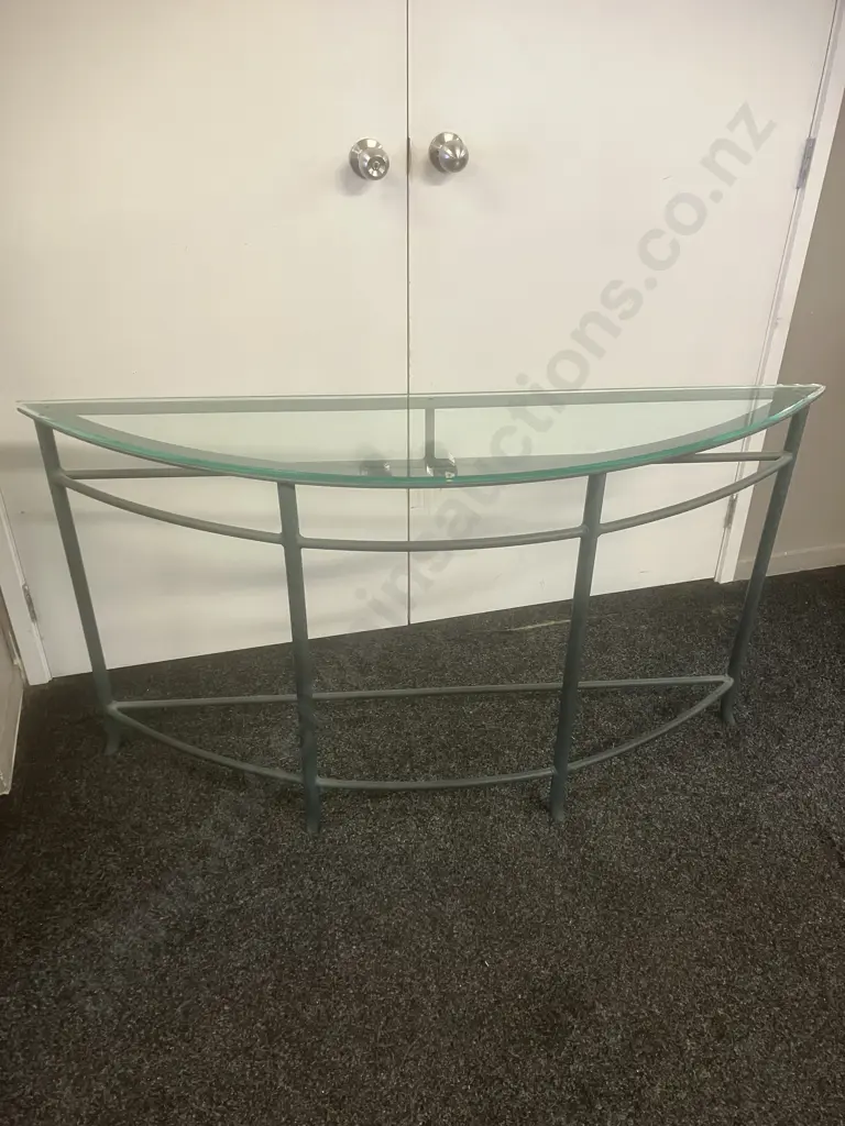 Glass Topped Console Table, Curved Front, Green Metal Base. H74 W134 D30cm Image 1++
