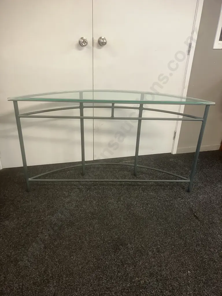 Glass Topped Console Table, Curved Front, Green Metal Base. H74 W134 D30cm Image 1++