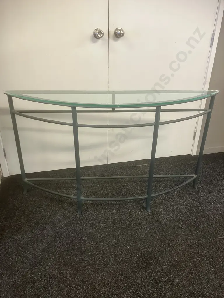 Glass Topped Console Table, Curved Front, Green Metal Base. H74 W134 D30cm Image 1++