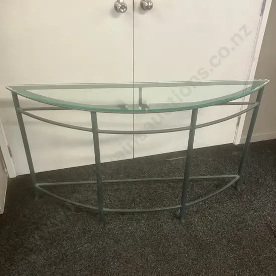 Glass Topped Console Table, Curved Front, Green Metal Base. H74 W134 D30cm