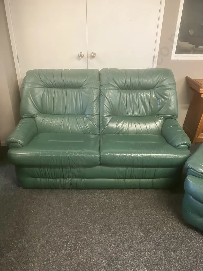 KOVACS Green Leather 2 Seater Sofa With 2 Recliner Armchairs. Adjusting Headrests Image 1++