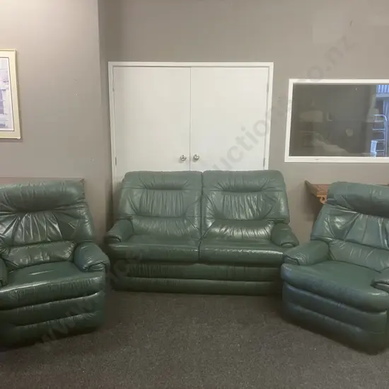 KOVACS Green Leather 2 Seater Sofa With 2 Recliner Armchairs. Adjusting Headrests