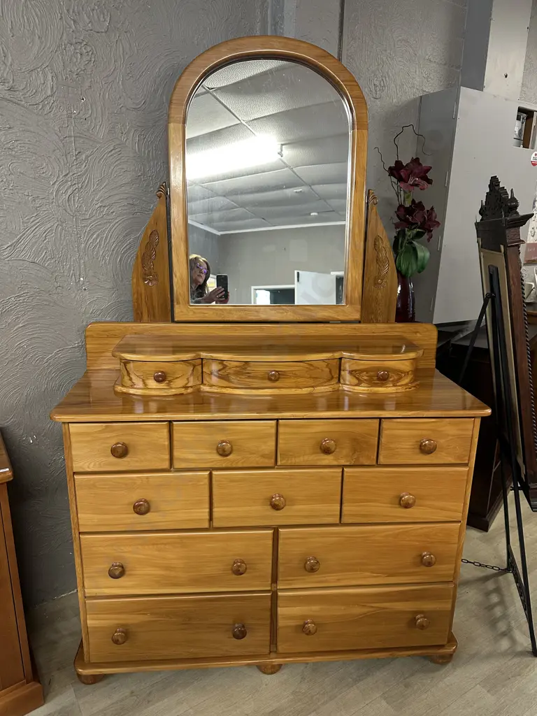 Solid Rimu 14 Drawer Dressing table With Tilting Mirror. H200 W127 D46cm Image 1++