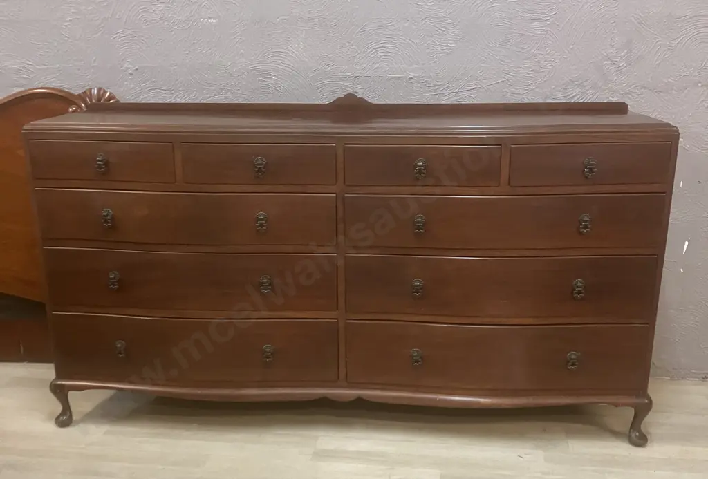 Mahogany Serpentine Front Ten Drawer Dresser On Cabriole Legs. H93 L167 D45cm Image 1++