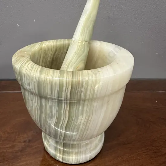Green & White Onyx Marble Mortar & Pestle Set (Pestle Been Repaired)