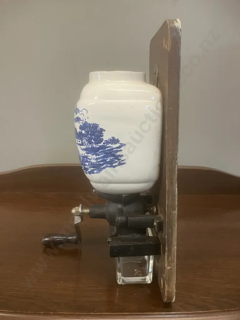 Vintage Dutch Coffee Mill With Blue Delft Scene Ceramic Canister (No Lid). 32cm Image 1++