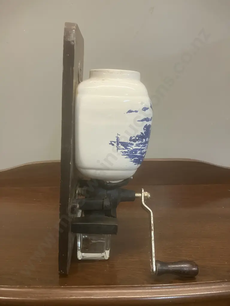 Vintage Dutch Coffee Mill With Blue Delft Scene Ceramic Canister (No Lid). 32cm Image 1++