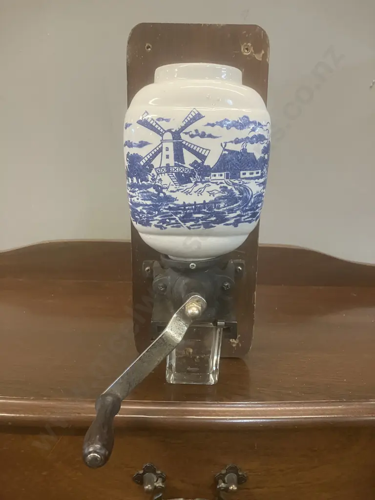 Vintage Dutch Coffee Mill With Blue Delft Scene Ceramic Canister (No Lid). 32cm Image 1++