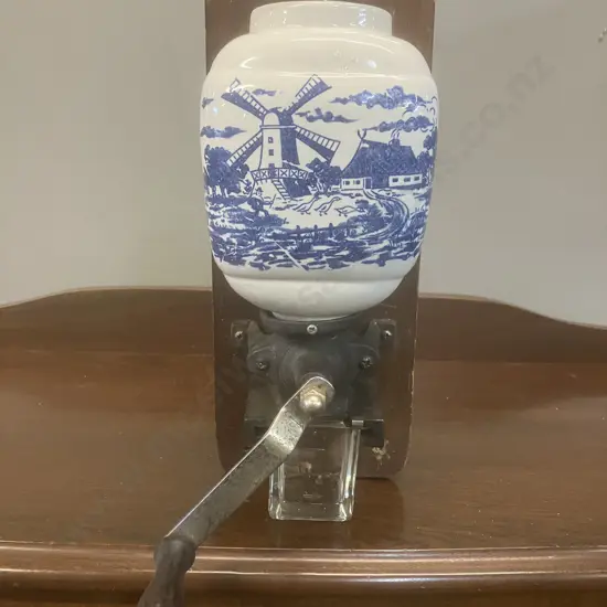 Vintage Dutch Coffee Mill With Blue Delft Scene Ceramic Canister (No Lid). 32cm