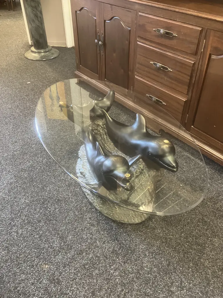 Contemporary Dolphin Coffee Table With Oval Glass Top. H39 L106 D61cm Image 1++
