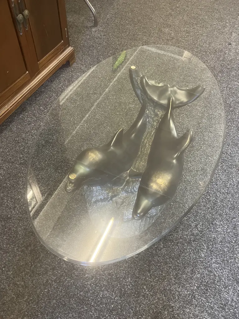 Contemporary Dolphin Coffee Table With Oval Glass Top. H39 L106 D61cm Image 1++