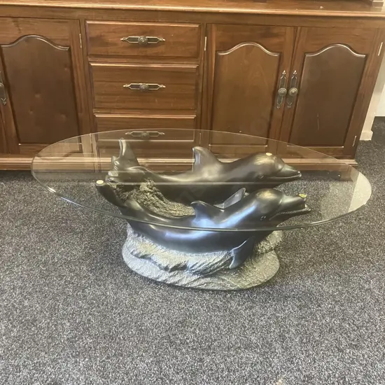 Contemporary Dolphin Coffee Table With Oval Glass Top. H39 L106 D61cm