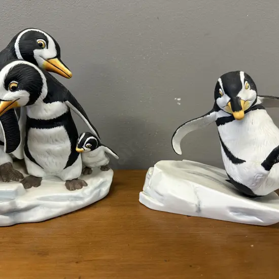 Vintage Franklin Mint 'We Four'  1998 & 'Whoops' 1985 Porcelain Penguin Figurines By Michelle Emblem 1990