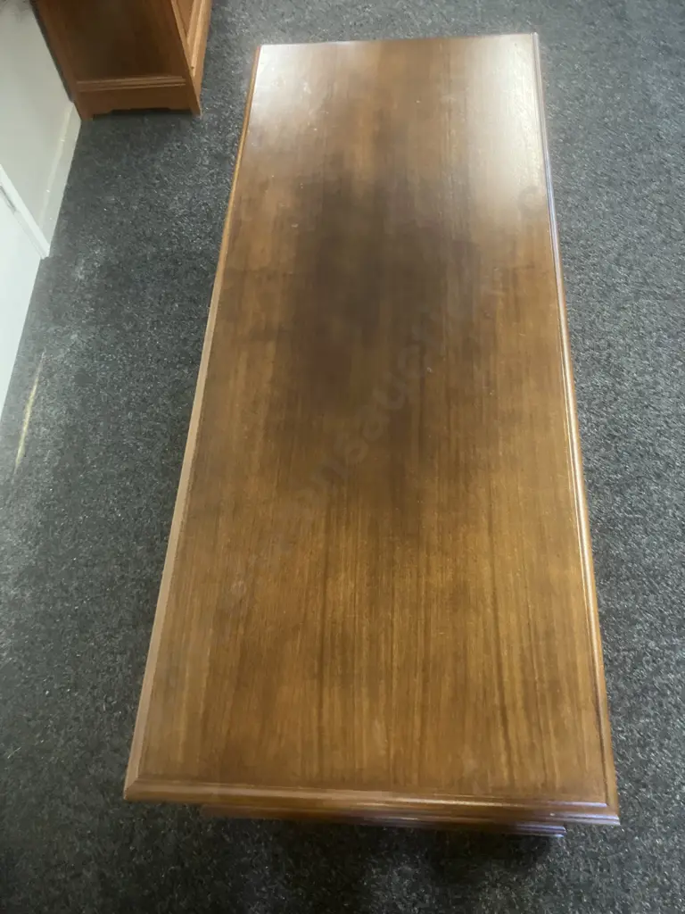 Mid-Century Two Tiered Coffee Table, 6 Turned Supports, 2 Doors Each Side. H47 W151 D61, On Wheels Image 1++