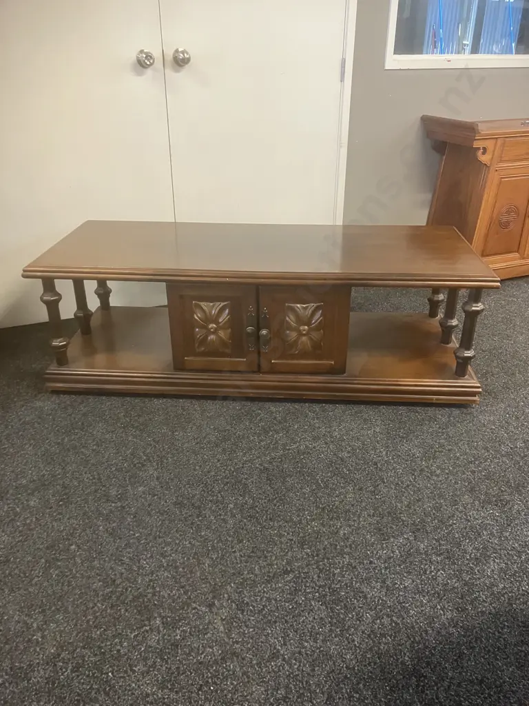 Mid-Century Two Tiered Coffee Table, 6 Turned Supports, 2 Doors Each Side. H47 W151 D61, On Wheels Image 1++