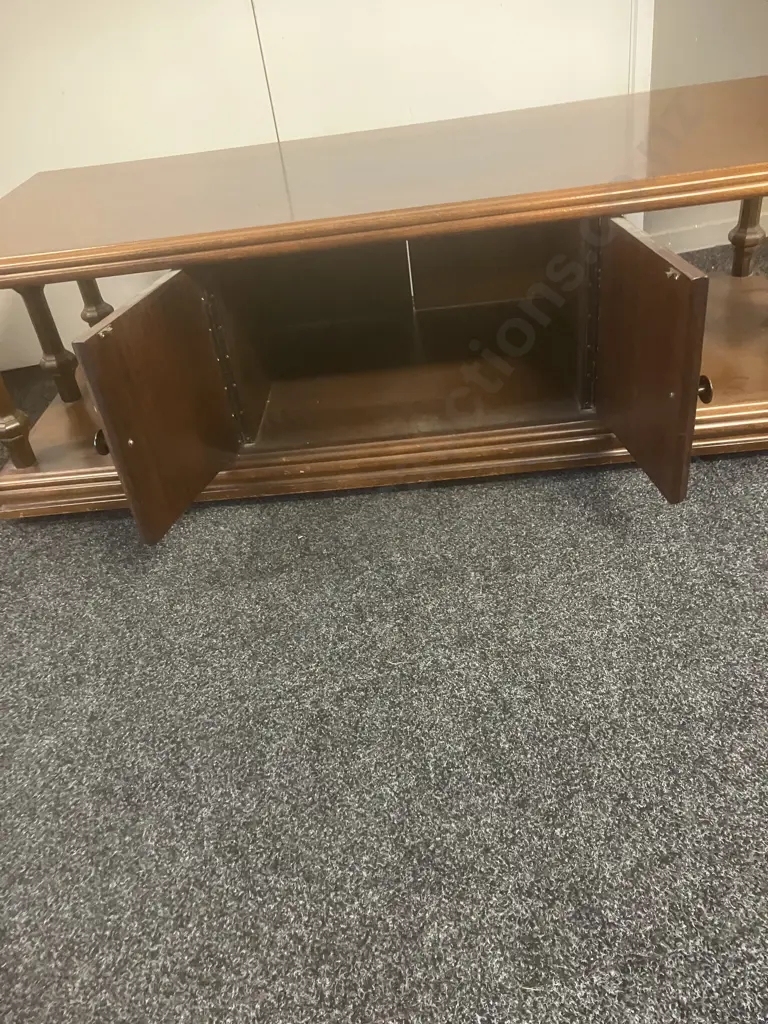 Mid-Century Two Tiered Coffee Table, 6 Turned Supports, 2 Doors Each Side. H47 W151 D61, On Wheels Image 1++