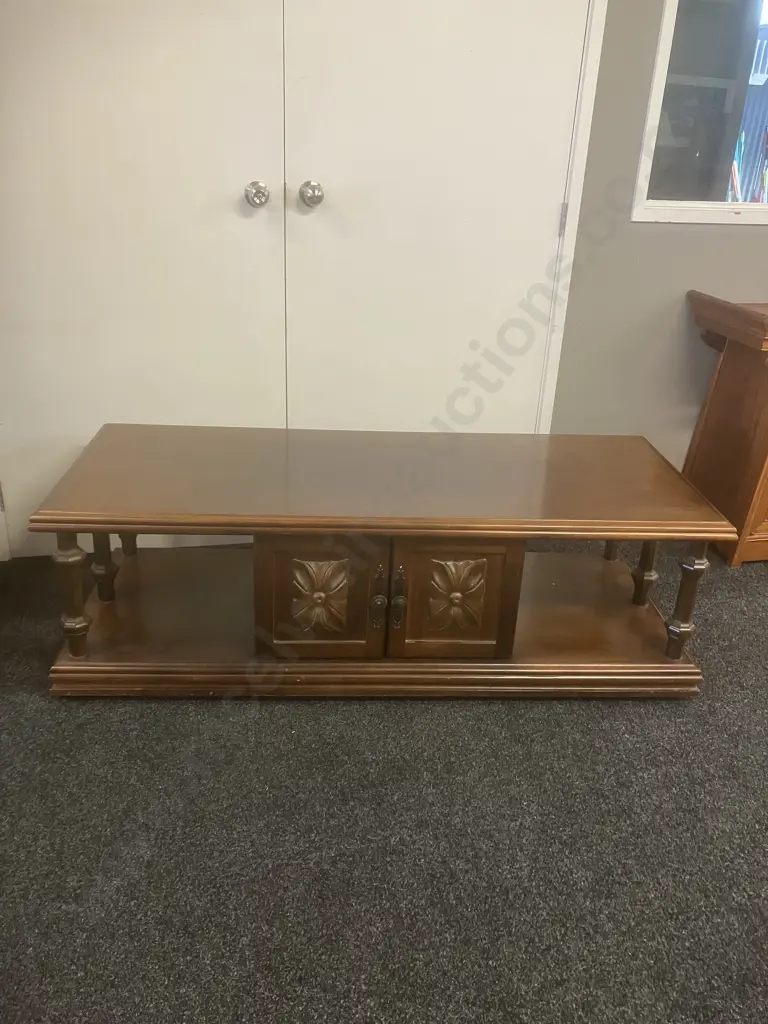 Mid-Century Two Tiered Coffee Table, 6 Turned Supports, 2 Doors Each Side. H47 W151 D61, On Wheels Image 1++