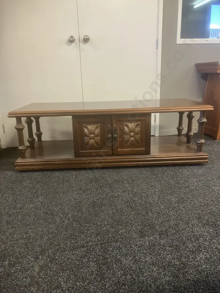 Mid-Century Two Tiered Coffee Table, 6 Turned Supports, 2 Doors Each Side. H47 W151 D61, On Wheels Image 1++