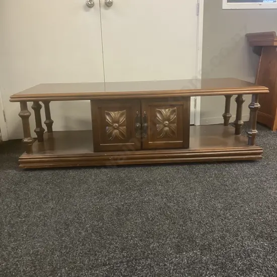 Mid-Century Two Tiered Coffee Table, 6 Turned Supports, 2 Doors Each Side. H47 W151 D61, On Wheels